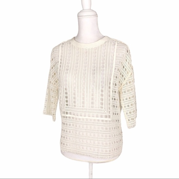 Tory Burch cream ladder crochet knit top fringe 3/4 sleeves XS - Picture 1 of 16